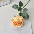 Artificial vintage orange burnt-edge rose stem with realistic dried petals and green leaves - Yellow