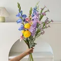 Premium artificial flower bouquet with colorful gladiolus and ranunculus for home decor - Blue Yellow Purple Gladiolus Buttercup Mix