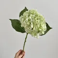 Single stem green faux hydrangea with realistic petals and textured leaves for decor - Light Green