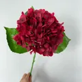 Realistic 3D red faux hydrangea flower with dense petals and green leaves for decor - Red