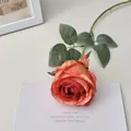 Single stem artificial orange rose with gradient silk petals and green leaves - Orange