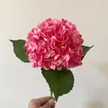Handheld single rose red hydrangea artificial flower stem with vivid green leaves - Deep Pink