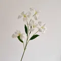 Single stem artificial white lily with five heads and realistic green silk leaves - White