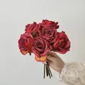 Vintage style artificial burnt edge rose bouquet with six deep red silk flower heads - Red
