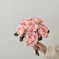 Handheld vintage light pink oil painting style artificial roses with lace cuff detail - Pink