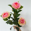 Künstlicher rosa Kamelienzweig mit drei Blüten und einer Knospe für die Heimdekoration - Rosa & Grün