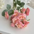 Pink silk artificial rose bouquet with 12 gradient flower heads and green leaves - Multi-head Branch (Dark Pink) / Deep Pink