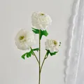 Artificial white peony silk flower with three heads and realistic green leaves - White