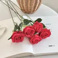 Five long-stemmed artificial deep red roses with silk petals for home and wedding decor - Red