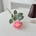 Pink and white gradient artificial vintage rose with realistic burnt edges and green leaves - Deep Pink