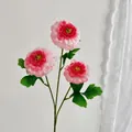 Single stem artificial pink peony bouquet with three gradient blossom heads and green leaves - Deep Pink