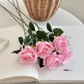 Single bunch of five artificial pink roses with silk petals on long stems - Pink