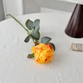 Single yellow and orange gradient artificial rose with realistic leaves on white fabric - Yellow