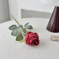 Single vintage burnt edge red silk rose with green leaves for home decoration - Red