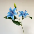 Single stem blue artificial lily featuring two blooming flowers and a realistic bud - Blue