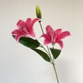 Single stem artificial pink lily with two open blooms and one bud for home decor - Rose Red