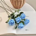 Five bright blue artificial roses with realistic petals for elegant home wedding decor - Blue