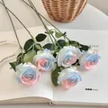Pink and blue gradient artificial silk roses with 5 stems for home wedding decor - Pearl White