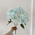 Faux light blue French hydrangea bouquet with five stems and green leaves for decoration - Light Blue