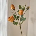 Caramel vintage silk rose spray with three heads and two buds for home decor - Yellow
