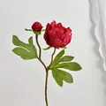 Branche de pivoine rouge artificielle avec une fleur, un bouton et des feuilles de décor - Bordeaux
