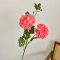 Artificial coral pink peony branch with two blooming flower heads and green leaves - Watermelon red