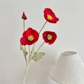 Artificial red poppy silk flower with three blooming heads and flocked stem - Red