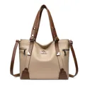 Borsa tote stile motociclista in pelle beige con manici marroni e tracolla regolabile - Cachi