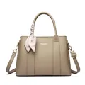 Khaki pebbled leather handbag with handle scarf and crossbody strap for women - Apricot