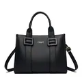 Klassische schwarze Lederhandtasche mit Litschi-Struktur, Schnallen und Tragegriffen - Schwarz
