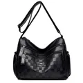 Classic black leather crossbody bag with checkered pattern and multiple zipper compartments - L Black