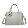 Light grey pebble grain leather handbag with decorative silk scarf and shoulder strap - Gray