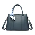 Dark grey-blue lychee pattern leather handbag with decorative silk scarf and strap - Blue