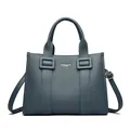 Blaugraue Tragetasche aus Leder mit Litschimuster, Doppelgriffen und Gurt - Blau