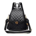 Mochila de cuero acolchado negro con cierre de flor dorada y correa de lona tejida - Negro