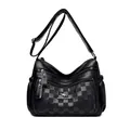 Classic black crossbody bag with checkered leather panels and multi-zipper layers - Small Black