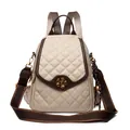 Mochila acolchada beige con ribete marrón y cierre de flor dorada vintage - Caqui