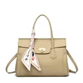 Elegant beige leather handbag with gold buckle and silk scarf decoration on top handle - Gray