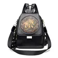 Mochila vintage de cuero sintético negro con relieve de elefante y detalles dorados - Negro