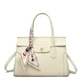 Elegant cream leather Kelly handbag with litchi texture, gold lock, and silk scarf wrap - Off White