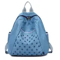 Blue denim backpack featuring punk style black rivets and quilted stitching texture - Light Blue Studded