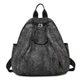 Dark grey denim backpack with white star pattern and black straps in variant view - Black