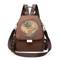 Brown faux suede backpack with vintage metal deer relief and rivet hardware detail - Brown