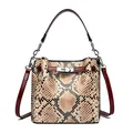 Snake skin pattern bucket bag with wine red leather handles and metal twist lock - Red
