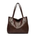 Deep brown leather tote bag with grainy texture and silver Z-shaped hardware - Brown