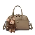 Dark khaki Boston bag with lychee pattern and cute bear charm pendant - Gray