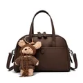 Dark brown pebble leather Boston bag with a cute bear charm and detachable shoulder strap - Dark Brown