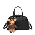 Black lychee textured Boston bag with double handles and brown plush bear charm - Black