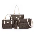 Ensemble de 6 sacs à main marron avec motif monogramme, comprenant cabas et pochettes - Collection Fourre-tout Bandoulière Portefeuille / Café