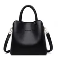 Black litchi grain leather bucket bag with gold hardware and top handle for women - Black